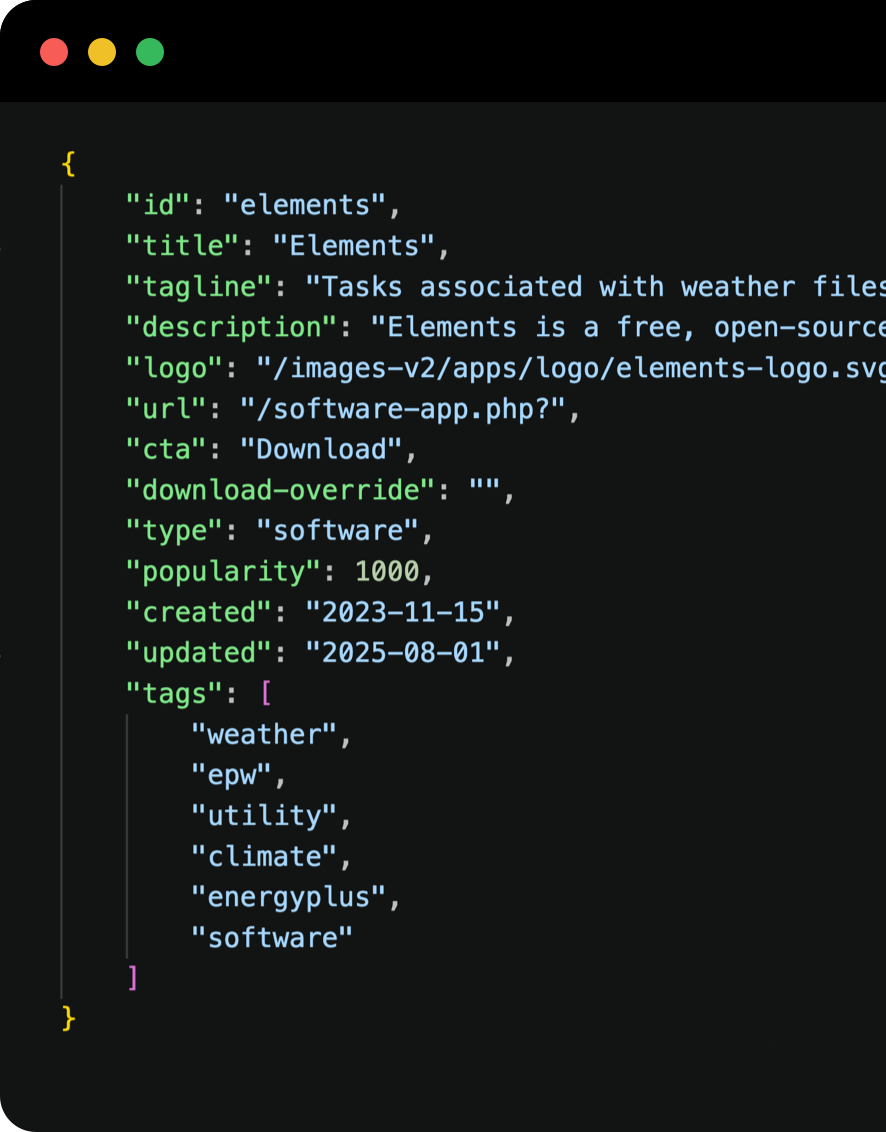 Elements software data stored in JSON